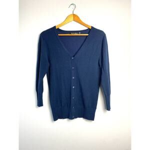 Mak Sweater YEMAK Navy Blue V-Neck Button Up Cardigan Sweater Medium